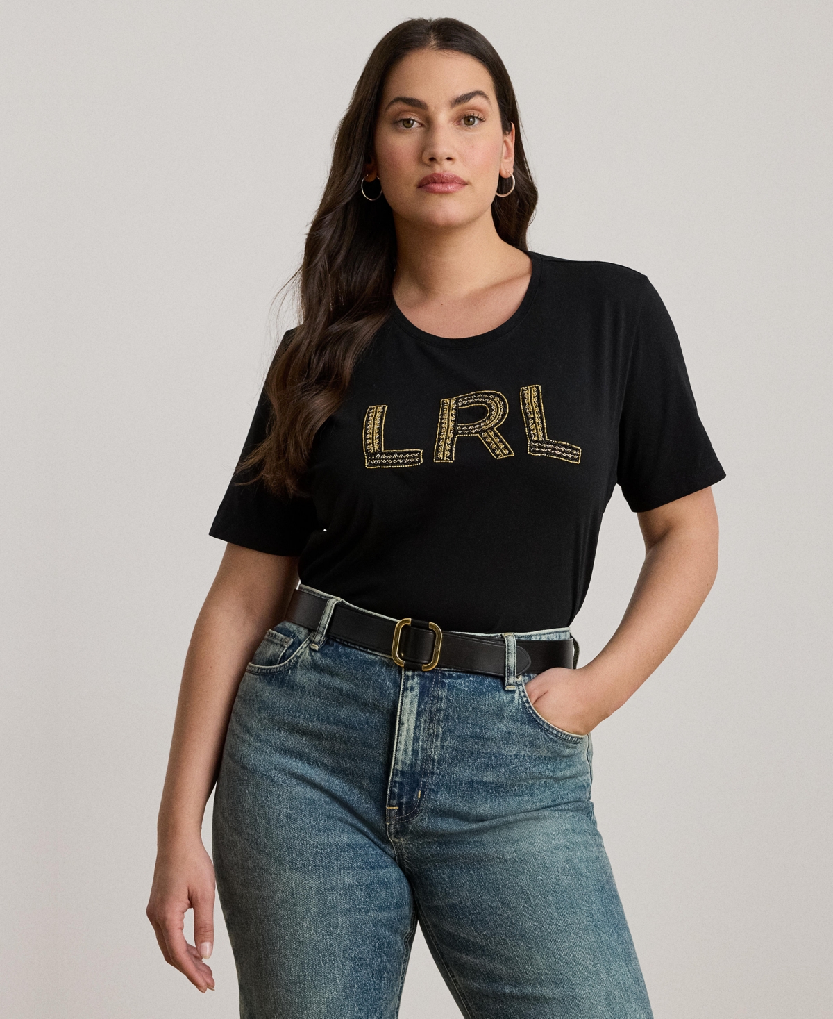 Ralph Lauren Plus Size Beaded-logo Cotton Jersey Tee