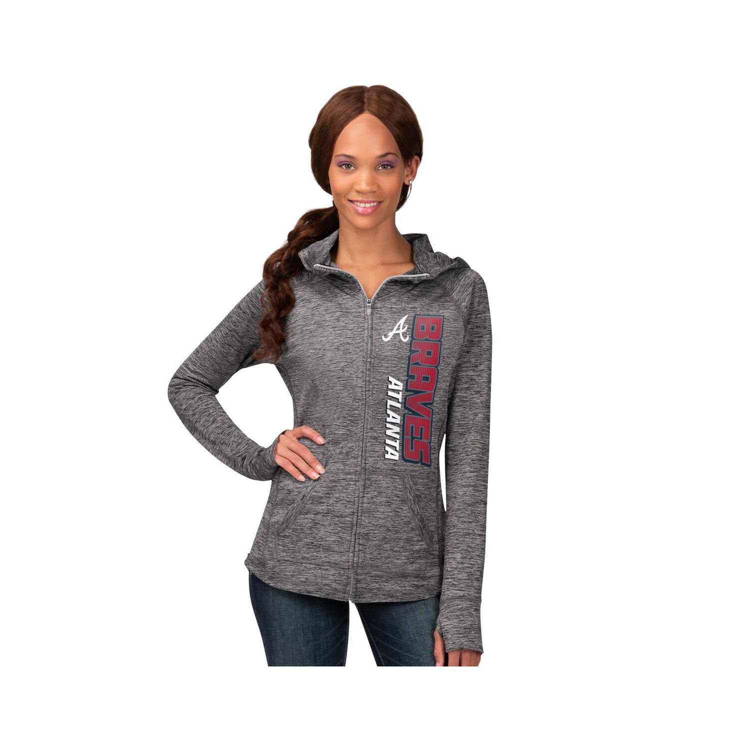 Women's Heather Gray Atlanta Braves Defender Space Dye Raglan Full-Zip Hoodie