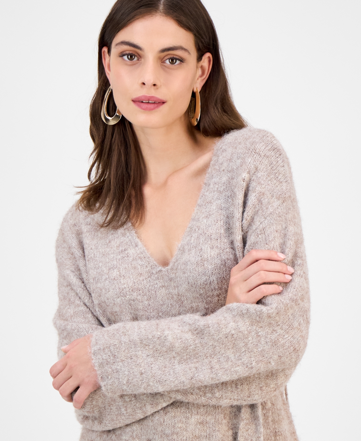 Guess Women's Kiyoka V-neck Tie-waist Long-sleeve Sweater In Brown