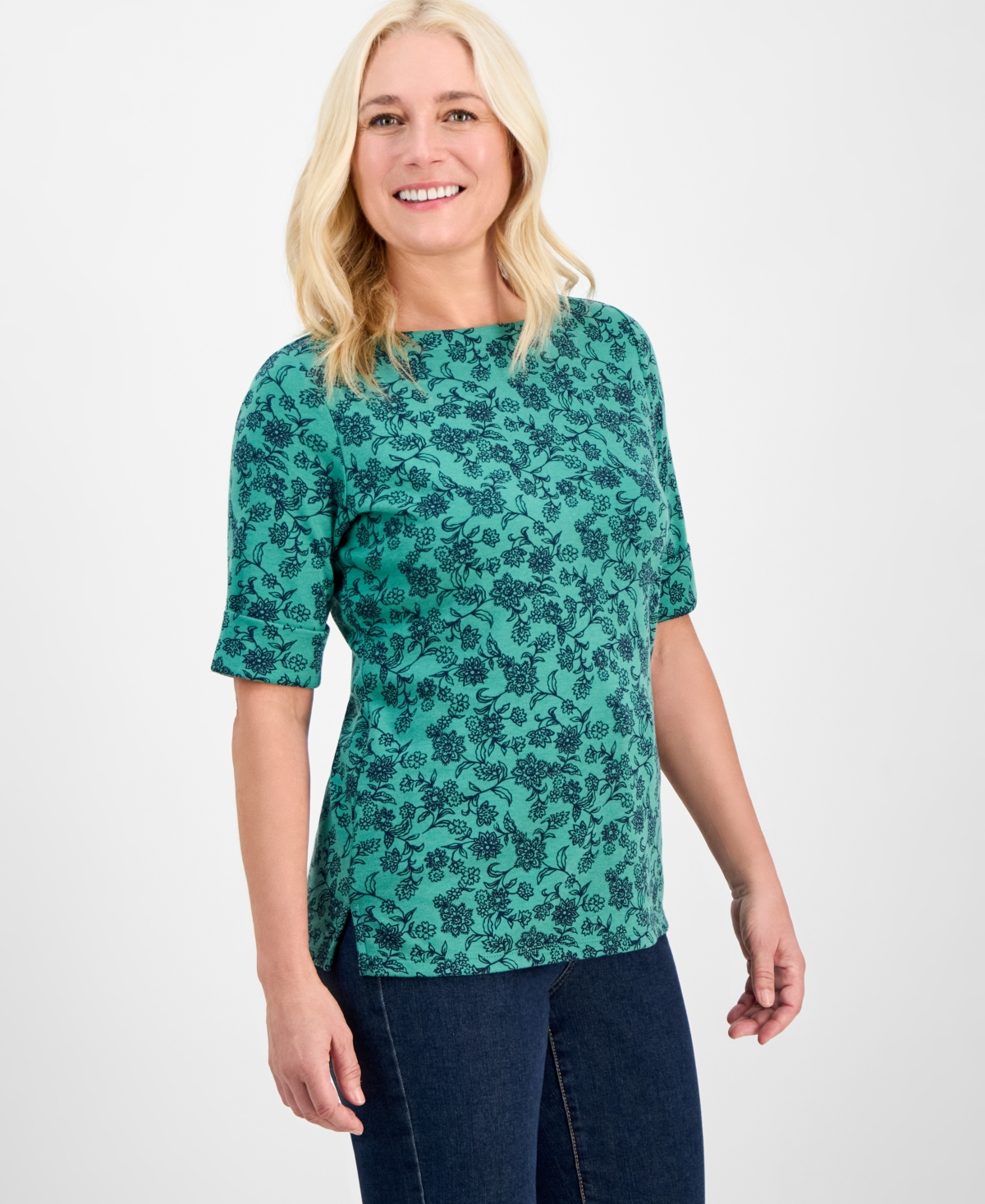 Women's Printed Boat-Neck Elbow-Sleeve Top, Exclusively at Macy's - Industrial Blue Combo