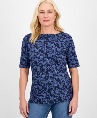 Style & Co - Women's Fleece Floral Elbow-Sleeve Boat-Neck Top