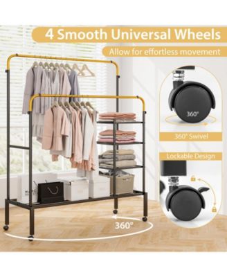 Rolling Double Rods Garment Rack with Height Adjustable Hanging Bars
