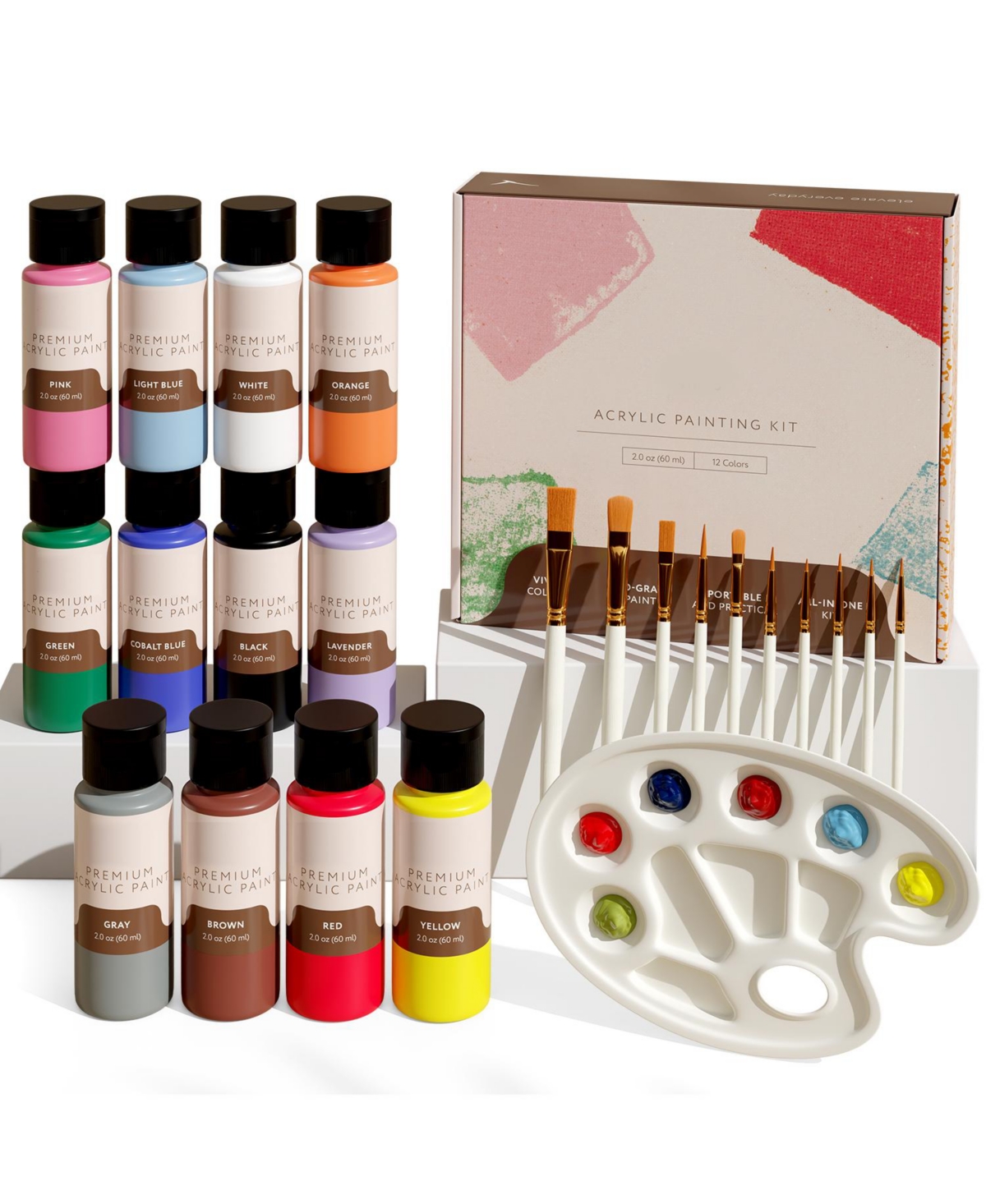 12 Color Acrylic Paint Set (2oz/60ml) - Matte Finish, With 10 Brushes and Painting Pallet