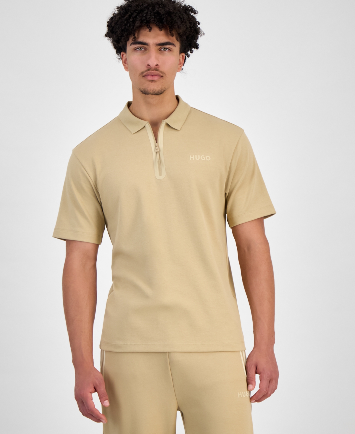 Hugo by Hugo Boss Men's Dubilo Short Sleeve Quarter-Zip Polo Shirt - Medium Beige