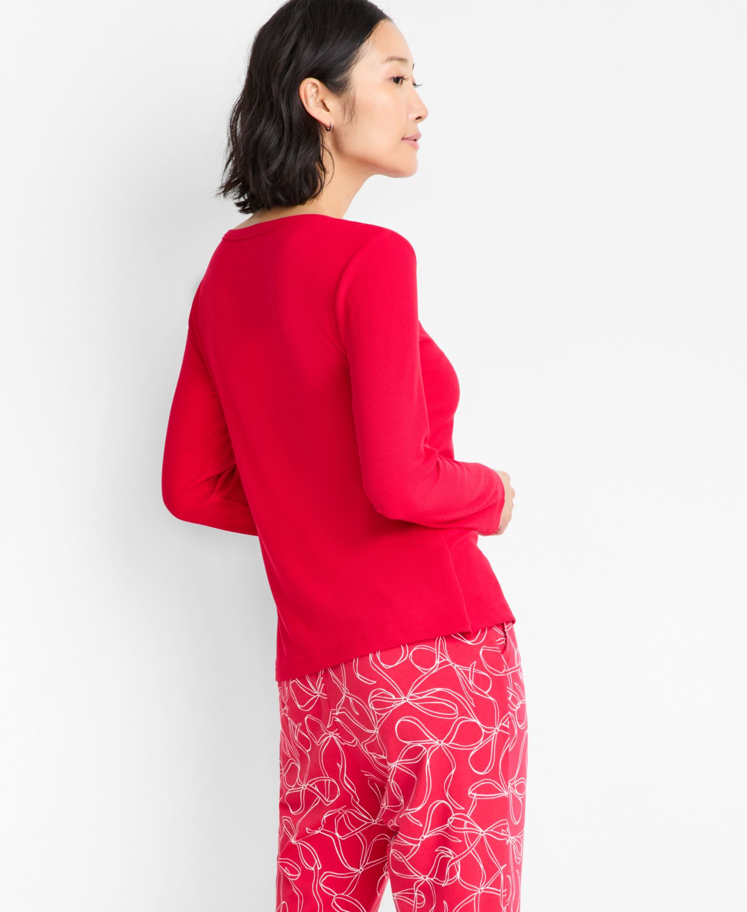 Women's Long-Sleeve Ribbed Henley Sleep Top XS-3X