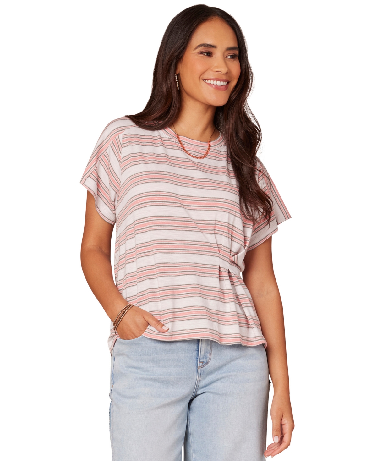 Petite Crewneck Side-Pleated Short-Sleeve Top - Off White