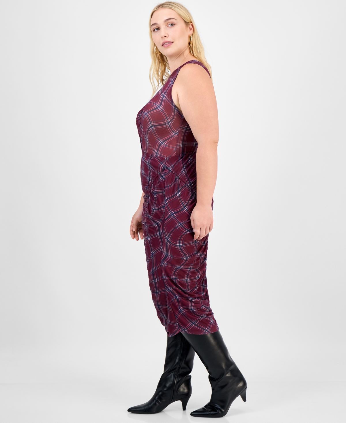 Bar Iii Trendy Plus Plaid Asymmetric Ruching Top Skirt Macys Exclusive In Purple