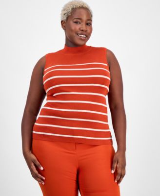Tahari ASL - Plus Size Striped Mock-Neck Sleeveless Sweater