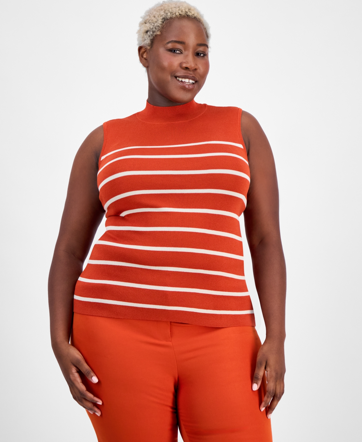 Plus Size Striped Mock-Neck Sleeveless Sweater - Persimmon