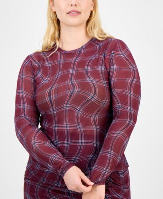 Trendy Plus Plaid Ruched Long-Sleeve Top
