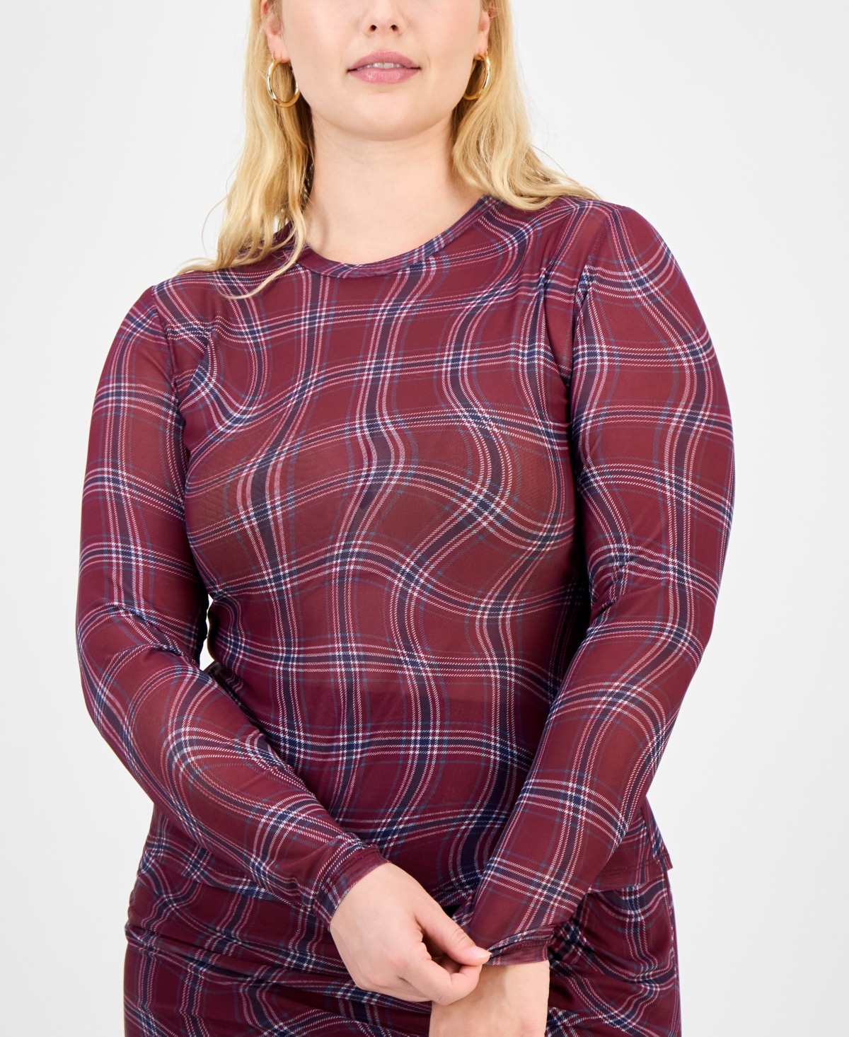 Bar Iii Trendy Plus Plaid Ruched Long-Sleeve Top, Macy's Exclusive
