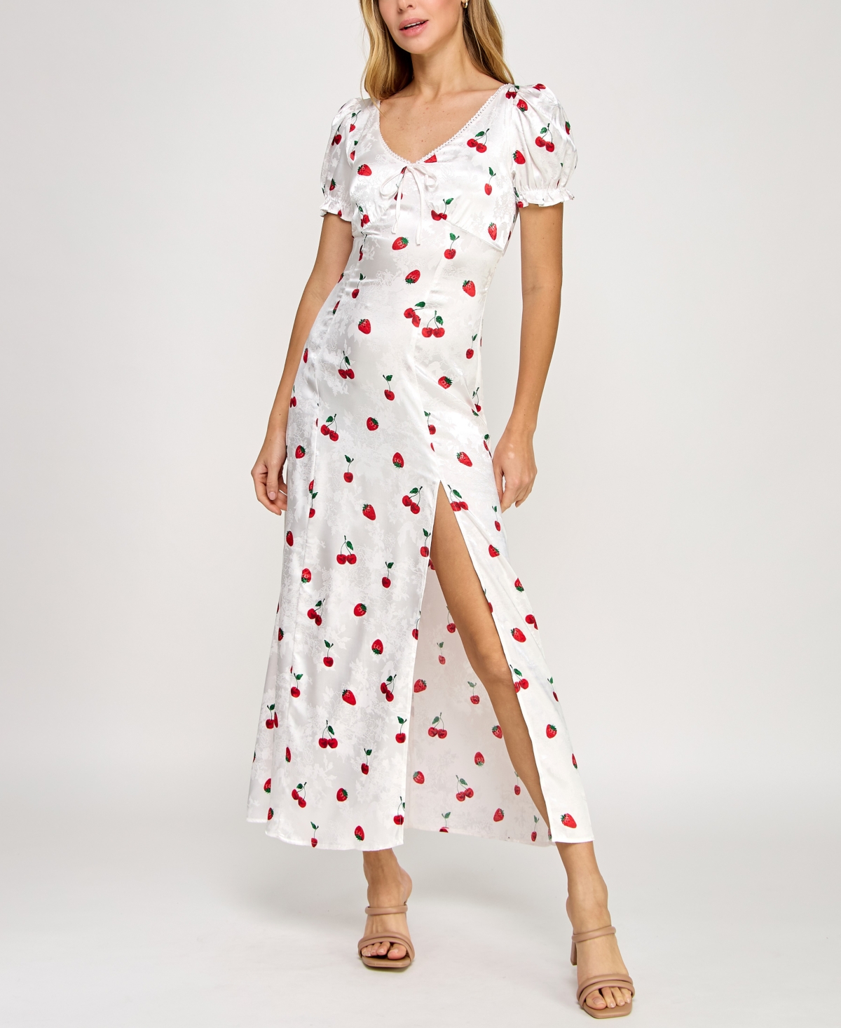 Juniors' Printed Satin Puff-Sleeve Midi Dress - Ivory, red