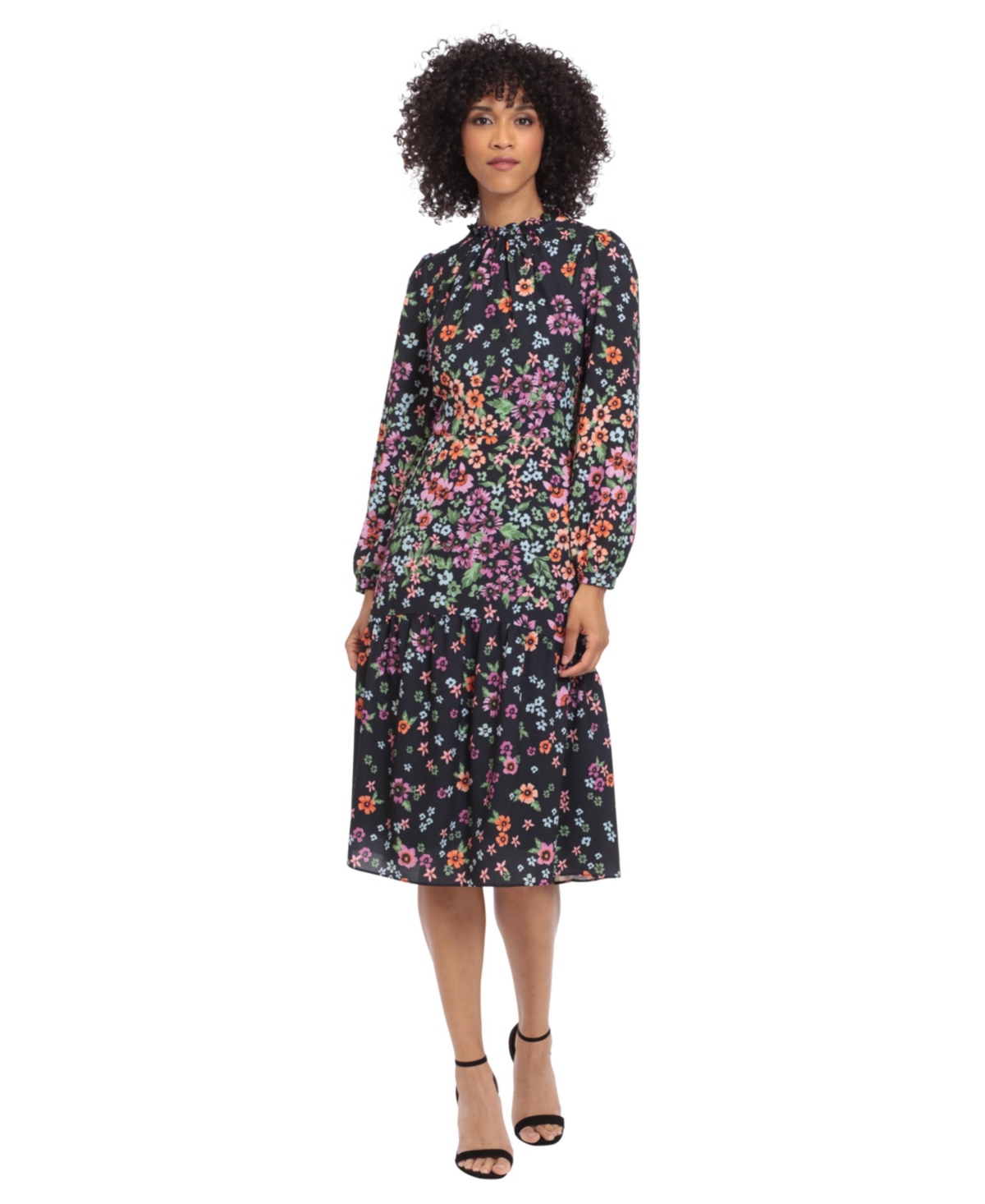 Women's Crew Neck Long-Sleeve Midi Dress - Black, Orchid