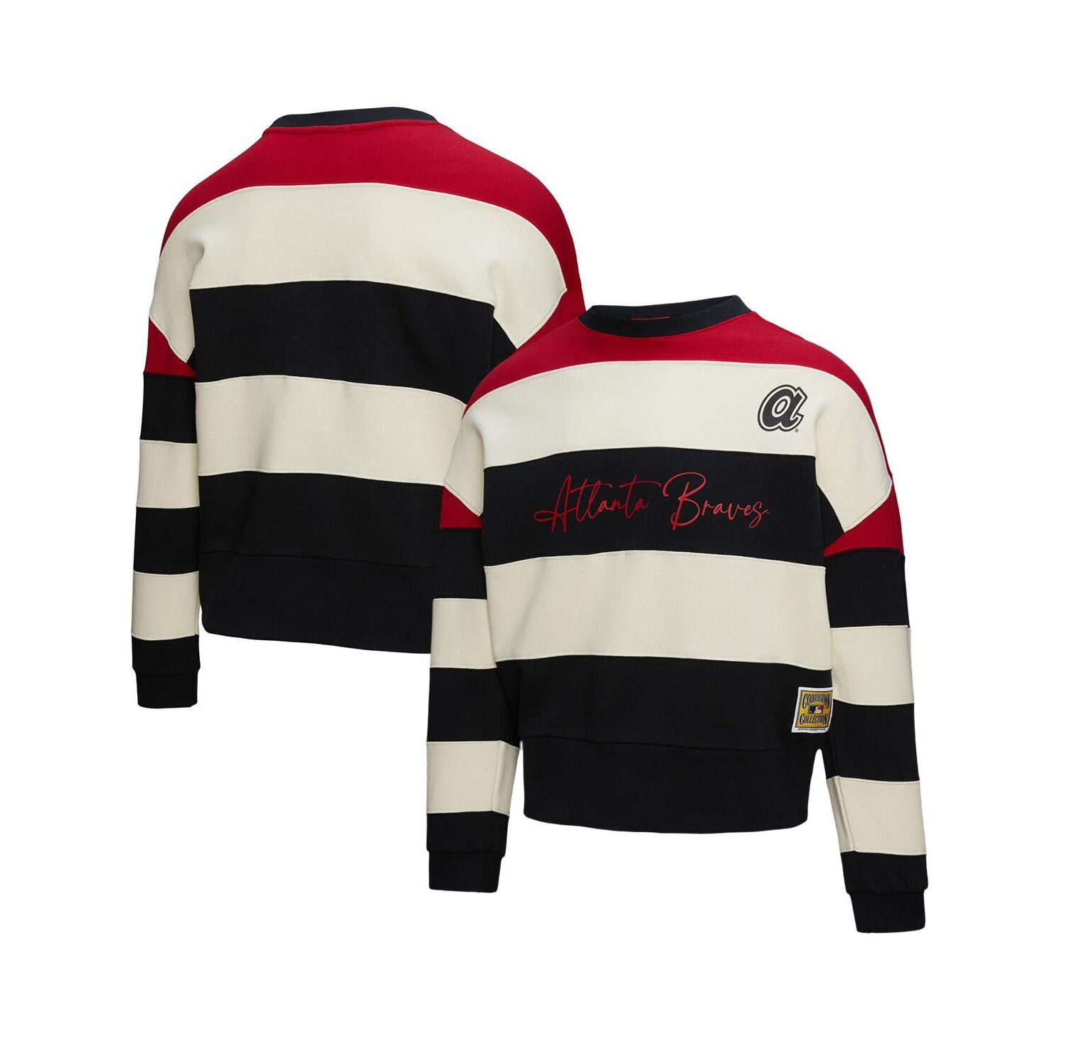 Women's Red/Black Atlanta Braves Cooperstown Collection Blocked Fleece Pullover Sweatshirt
