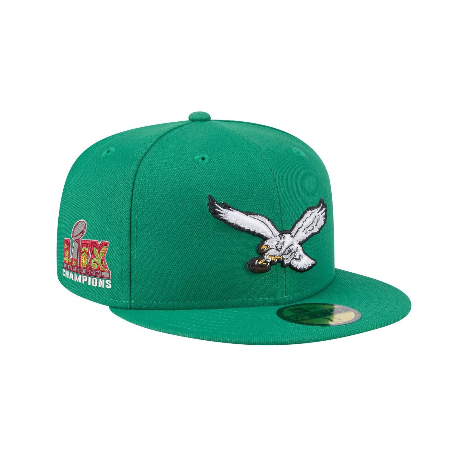 Men's Kelly Green Philadelphia Eagles Super Bowl LIX Champions Historic Side Patch 59FIFTY Fitted Hat