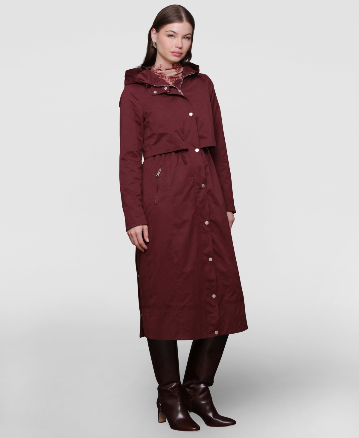 Avec Les Filles Hooded Long Coat In Burgundy