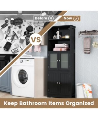 6-Tier Freestanding Bathroom Cabinet with 2 Open Compartments and Adjustable Shelves