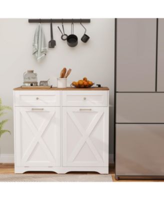 Tilt Out Trash Can Cabinet with Outlets and Adjustable Shelf