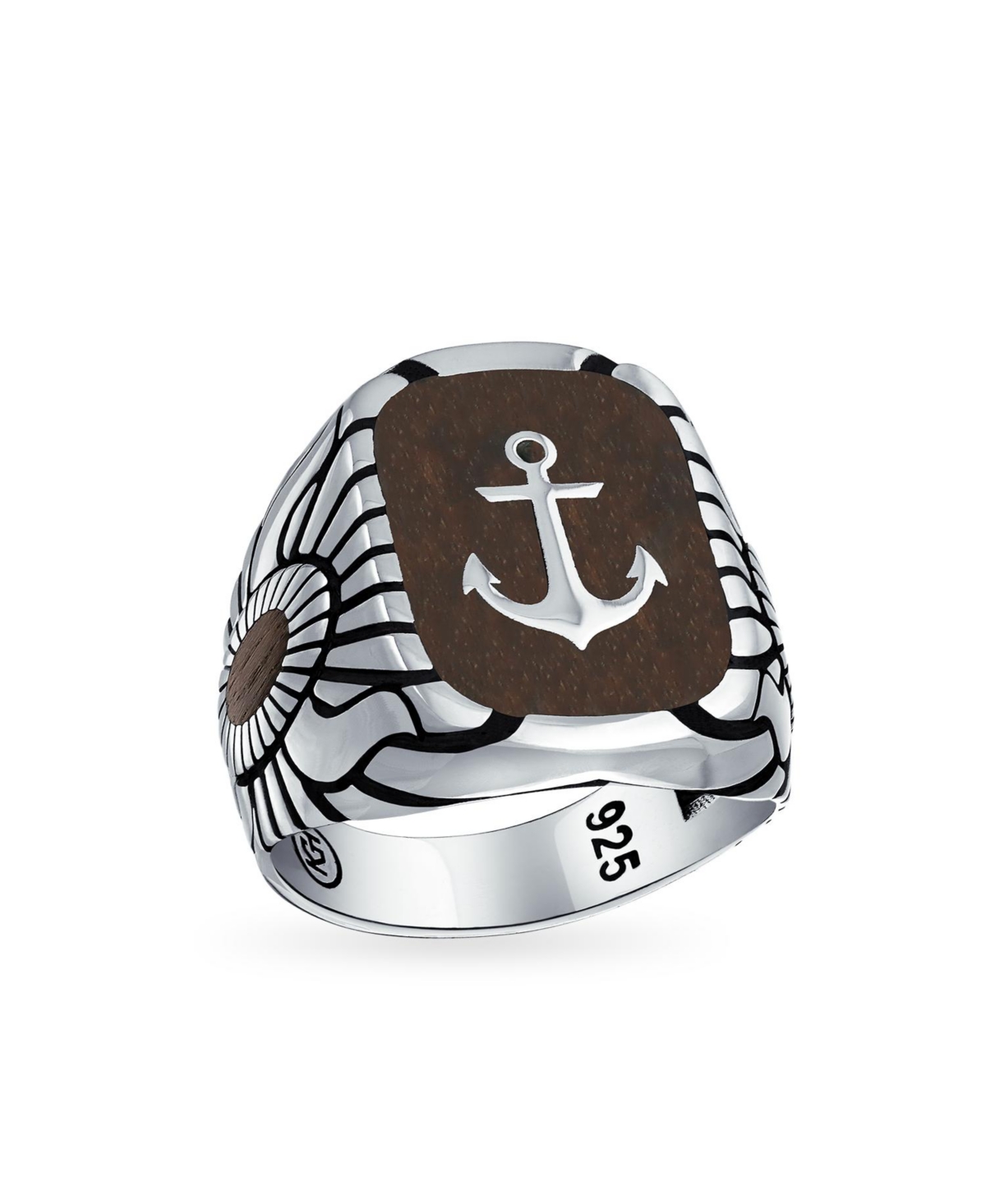 Nautical Etched Brown Wood Inset Large Boat Anchor Signet Ring Solid .925 Sterling Silver - Brown