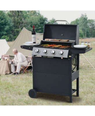 Stainless Steel 4-Burner 37,000 BTU Propane Gas Grill with lid, 1 tray and 4 wheels