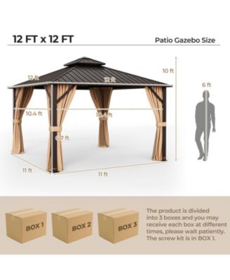 12 x 12 Feet Double-Roof Patio Hardtop Gazebo with Galvanized Steel Roof Netting and Curtains