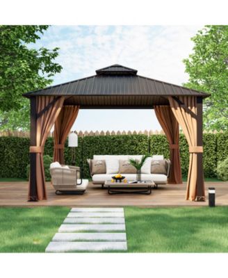 12 x 12 Feet Double-Roof Patio Hardtop Gazebo with Galvanized Steel Roof Netting and Curtains