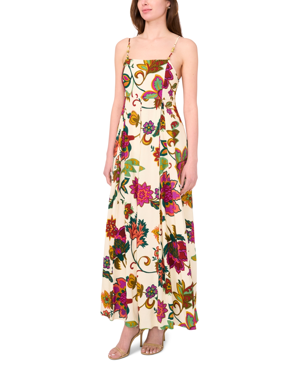 Women's Sleeveless Square-Neck Maxi Dress - Cream, Green