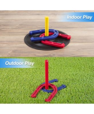 Rubber Horseshoe Game Set, 4 Horseshoes (2 Red/2 Blue), 2 Rubber Mats with Posts, and 2 Plastic Stakes