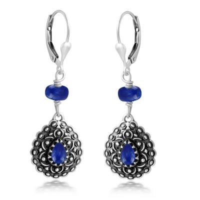 Sterling Silver Lapis Pear-Shaped Concha Lever Back Earrings