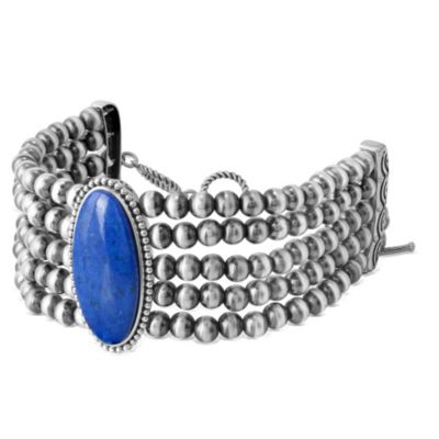 Sterling Silver Oval Denim Lapis Oval Cut Beaded Toggle Bracelet, Size Medium