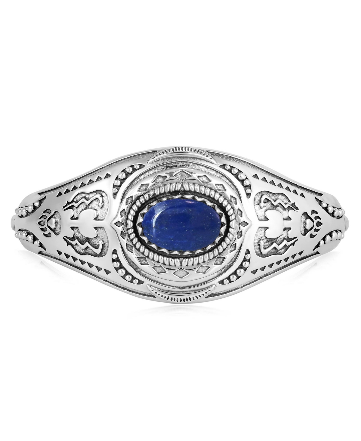 Sterling Silver Lapis Oval Cut Bear Cuff Bracelet, Size Small