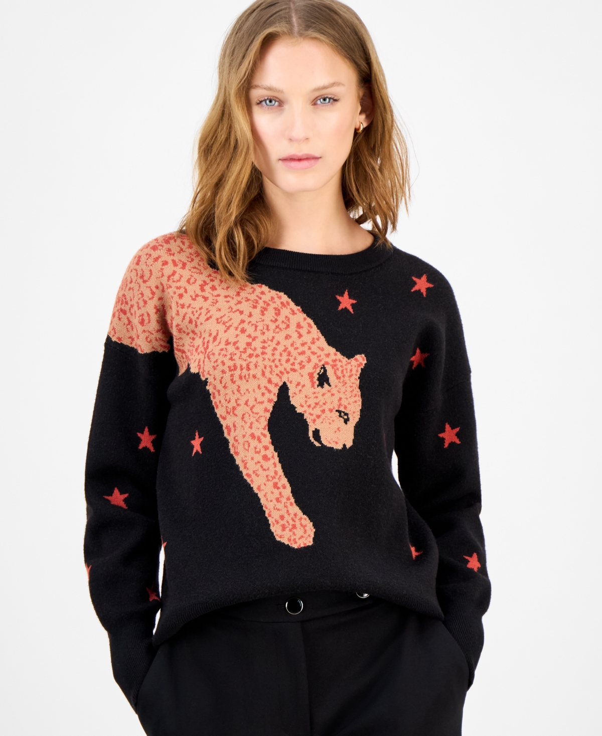 T Tahari Women's Star-Print Cheetah Graphic Sweater