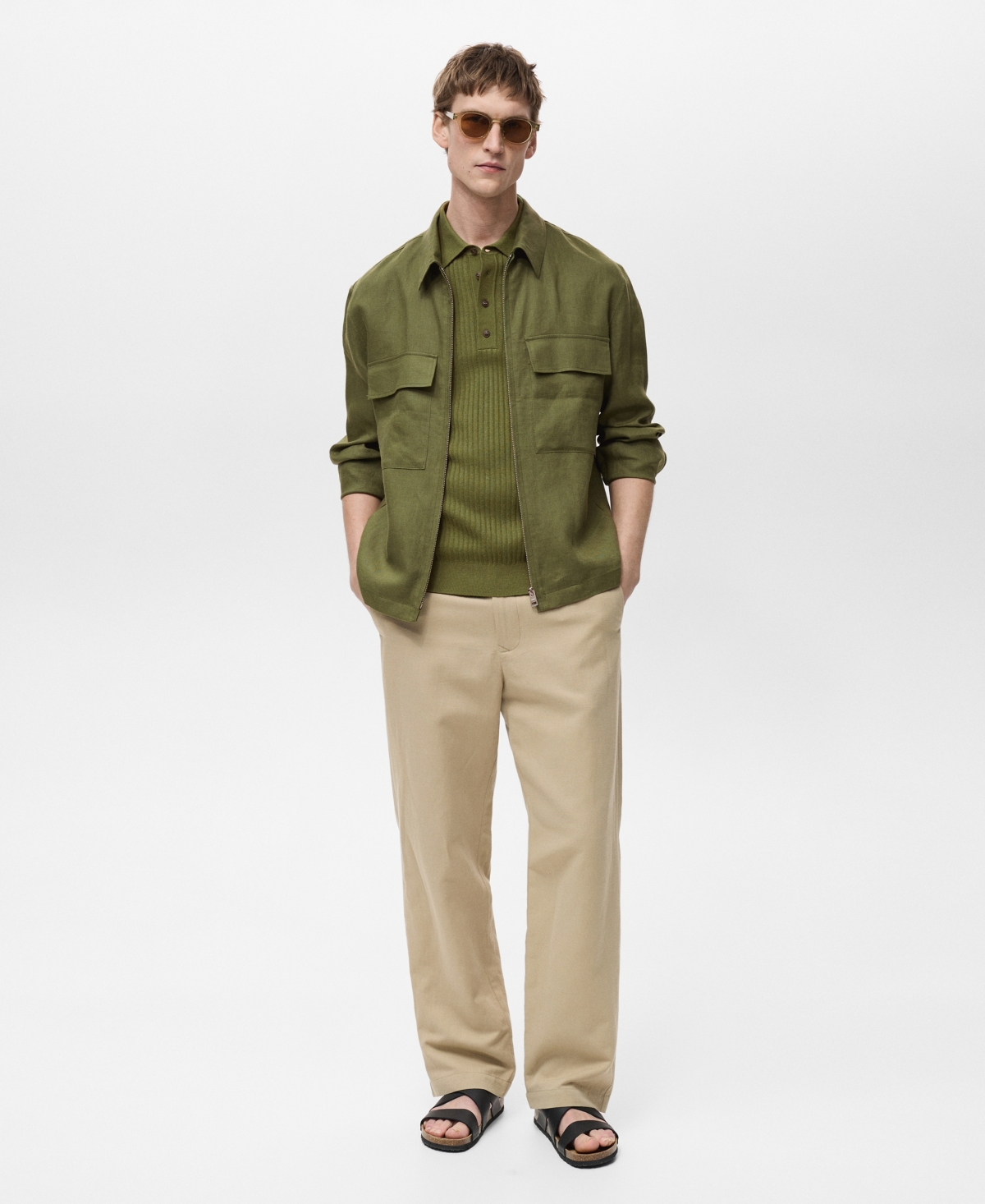 Mango Linen Jacket With Pockets In Green