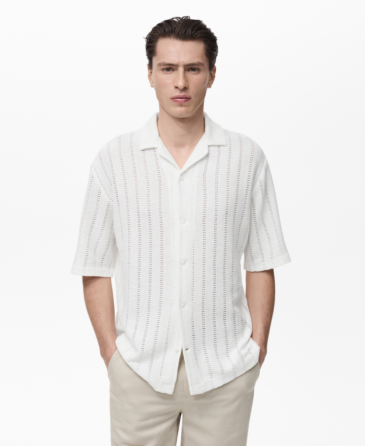 Men's Pointelle Detail Knitted Shirt - White