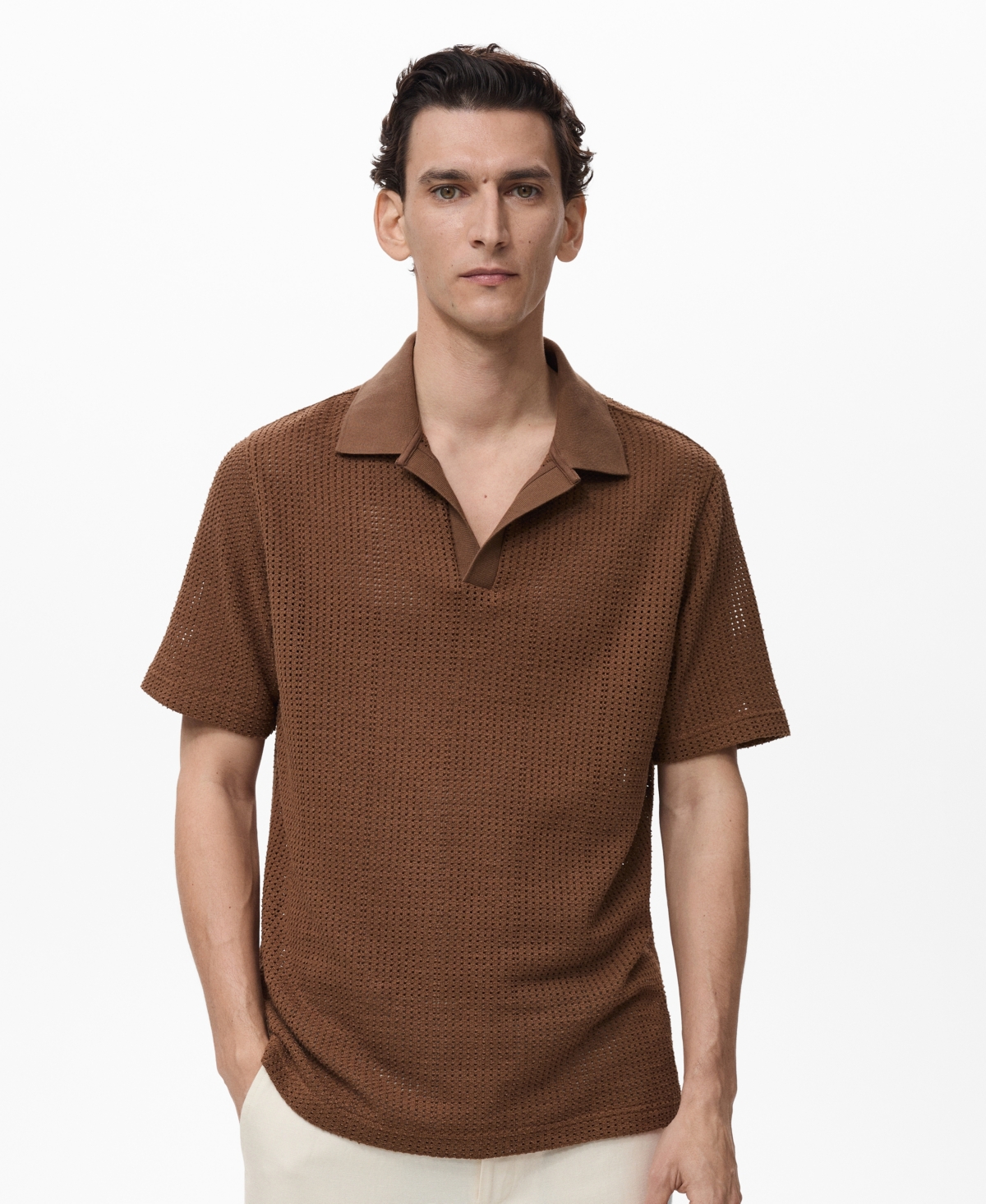 Men's Openwork Cotton Knitted Polo Shirt - Brown