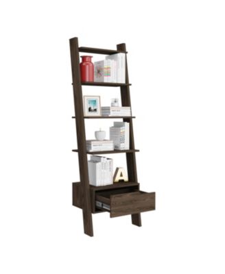 Kobe Ladder Bookcase, One Drawer, Five Open Shelves, Dark Walnut