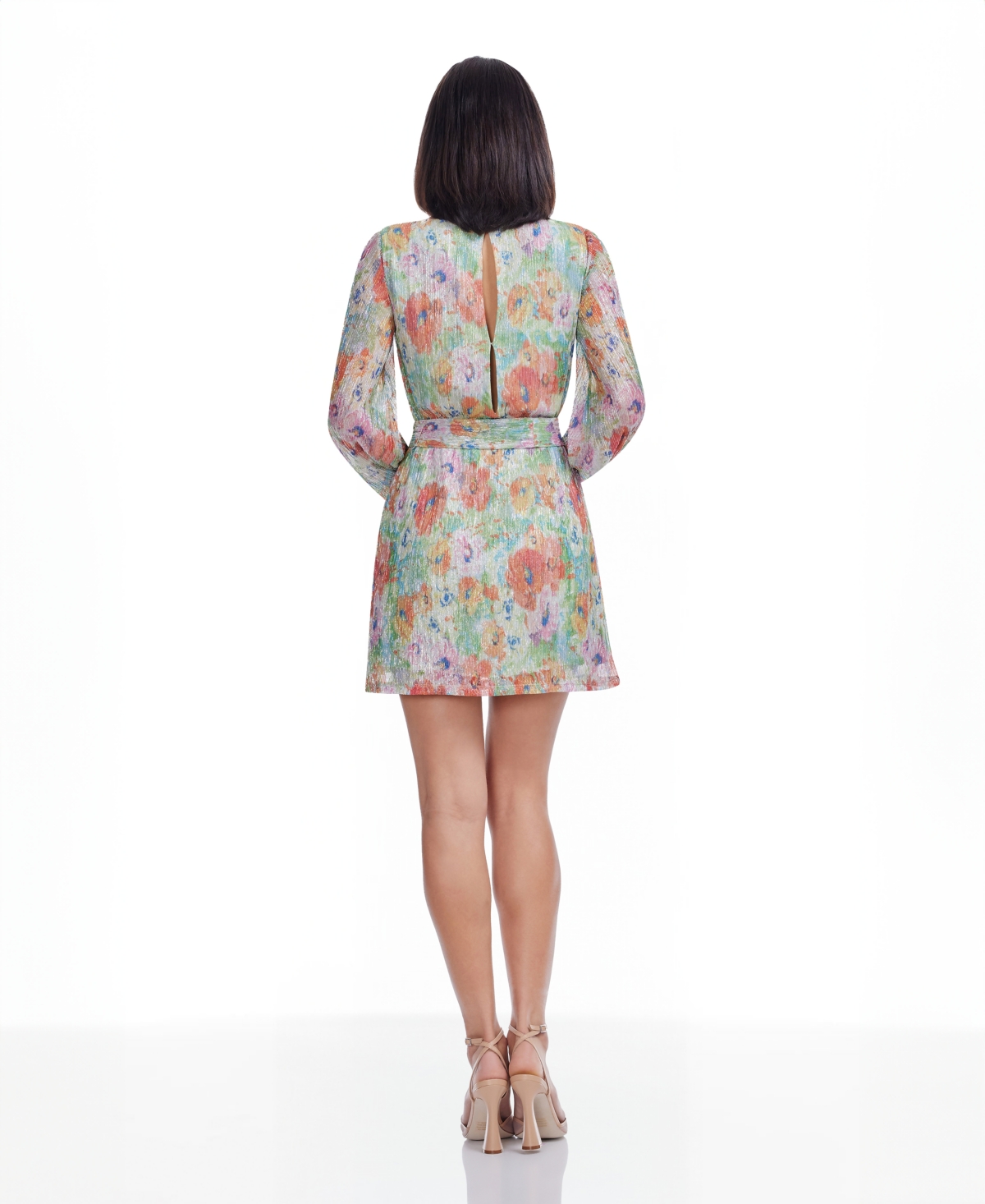 Dress The Population Kirsi Metallic Floral Long Sleeve Cocktail Minidress In Gray