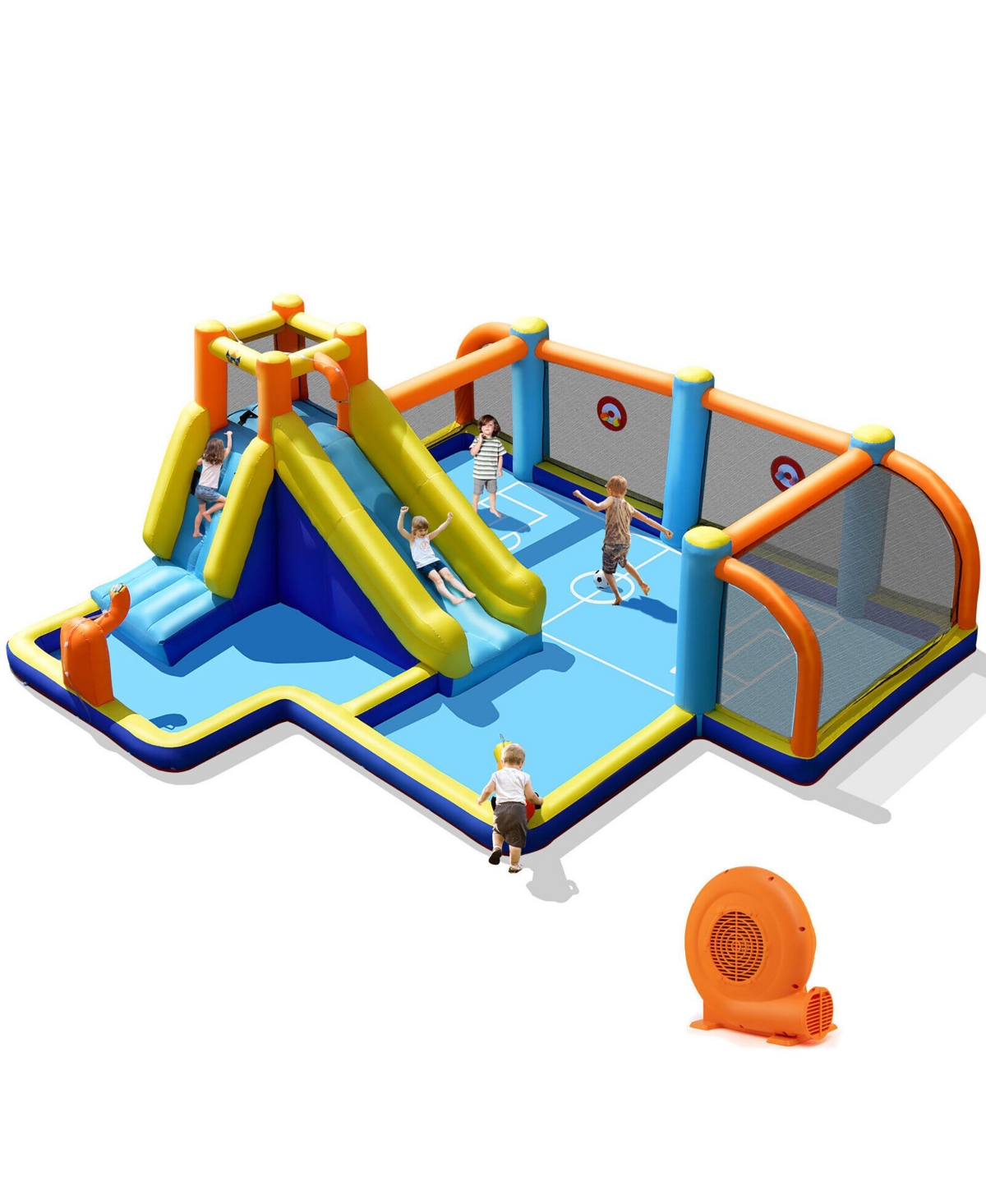 Giant Soccer-Themed Inflatable Water Slide Bouncer Splash Pool With 680W Blower - Multicolor