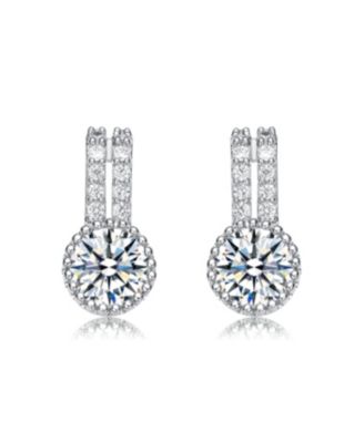 White Gold Plating with Clear Cubic Zirconia Solitaire Milgrain Double Drop Earrings