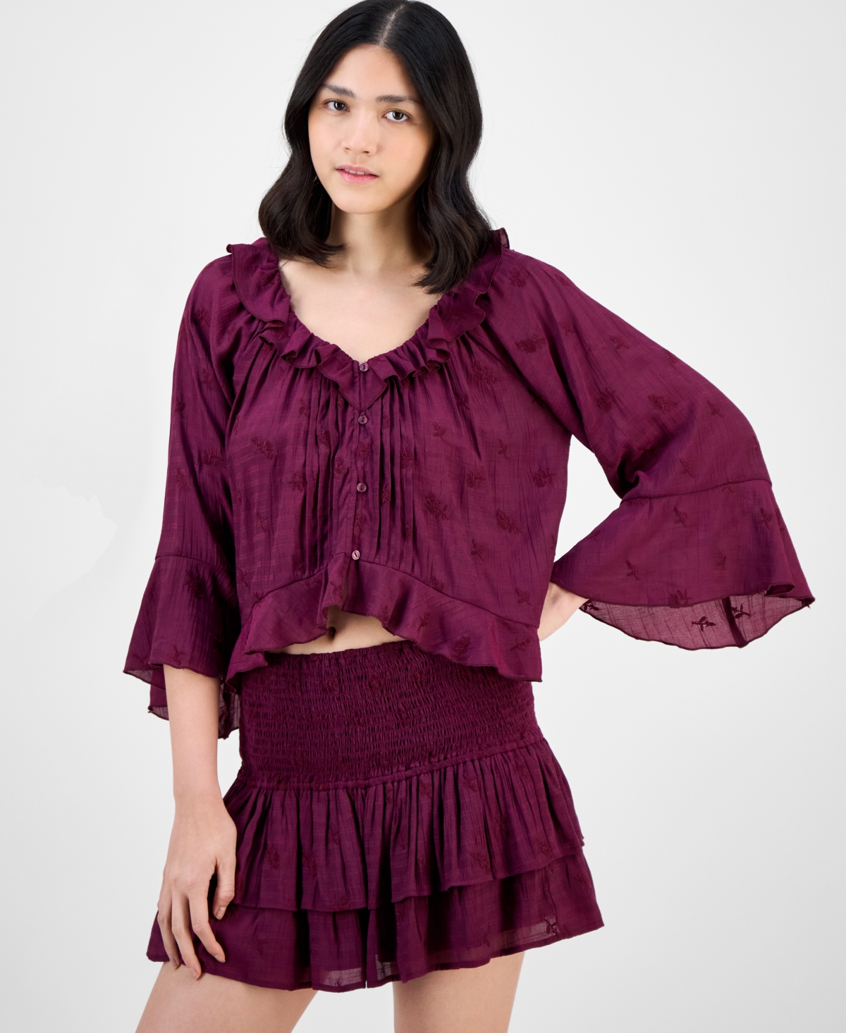 Women's Ruffle-Trim Cropped Blouse, Exclusively at Macy's - Deep Cranberry