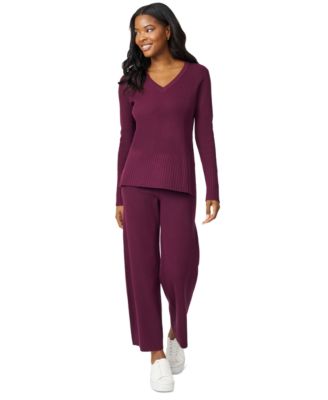 Women's Ribbed-Knit V-Neck Tunic & Pant Sweater Set 