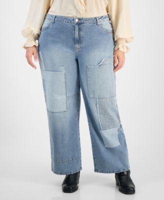 Trendy Plus Size Patchwork High Rise Wide Leg Jeans, Macy's Exclusive