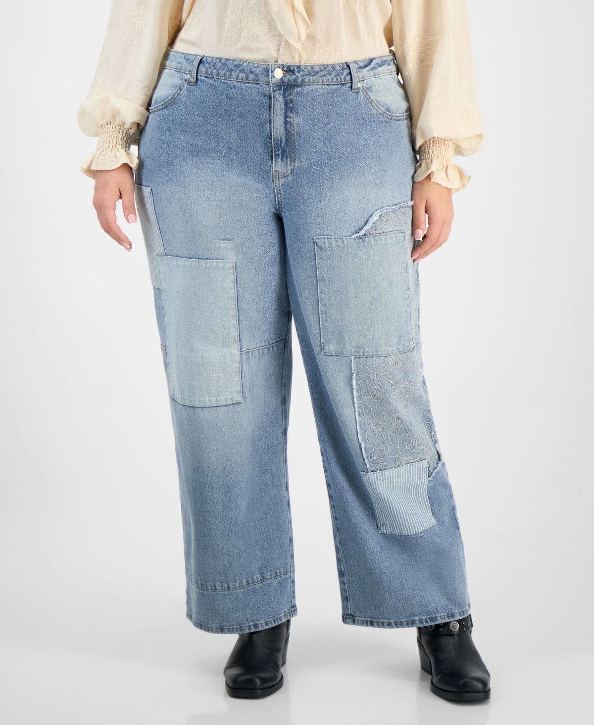 And Now This Trendy Plus Size Patchwork High Rise Wide Leg Jeans, Macy's Exclusive In Multi