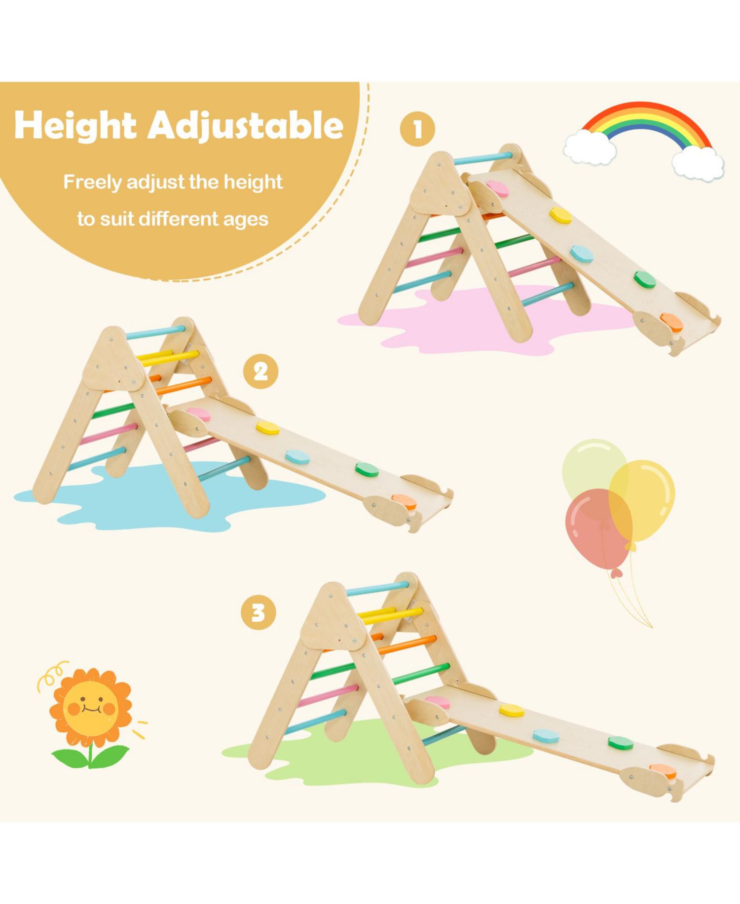 5-in-1 Wooden Triangle, Arch, and Ramp, 3-Piece Climbing Set