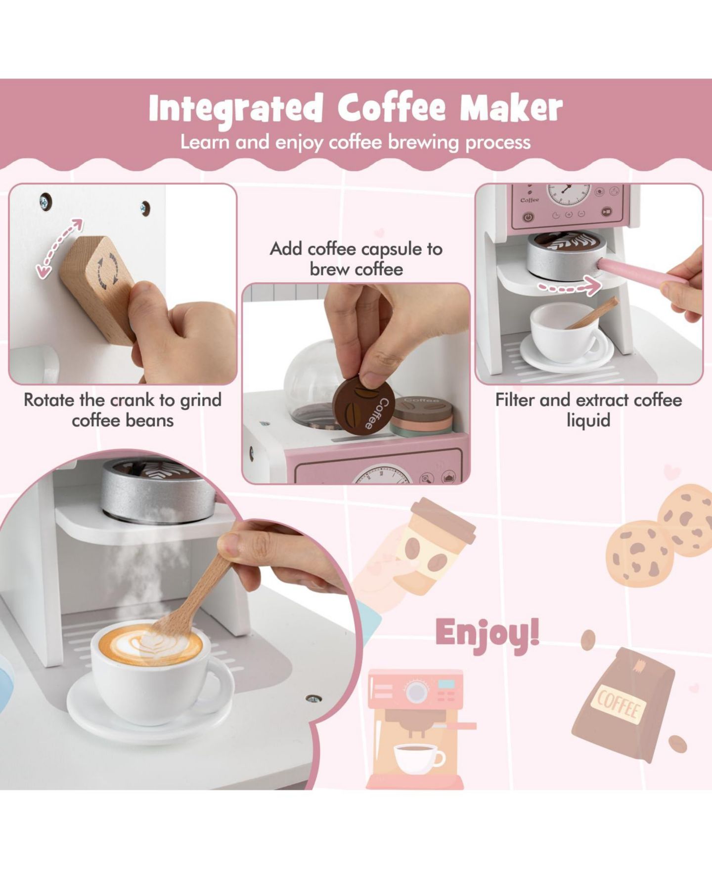 Детский игровой набор Mecale Wooden Coffee Maker Kitchen Playset, Ages 3+, цвет: Розовый — фото 5