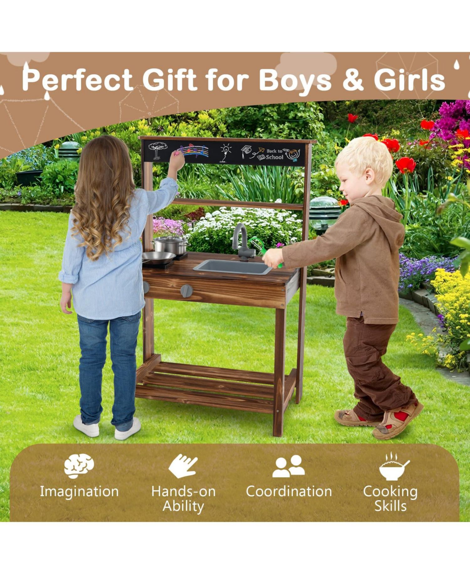 Mud Kitchen Wooden Water Play Activity Table with Planting Pots