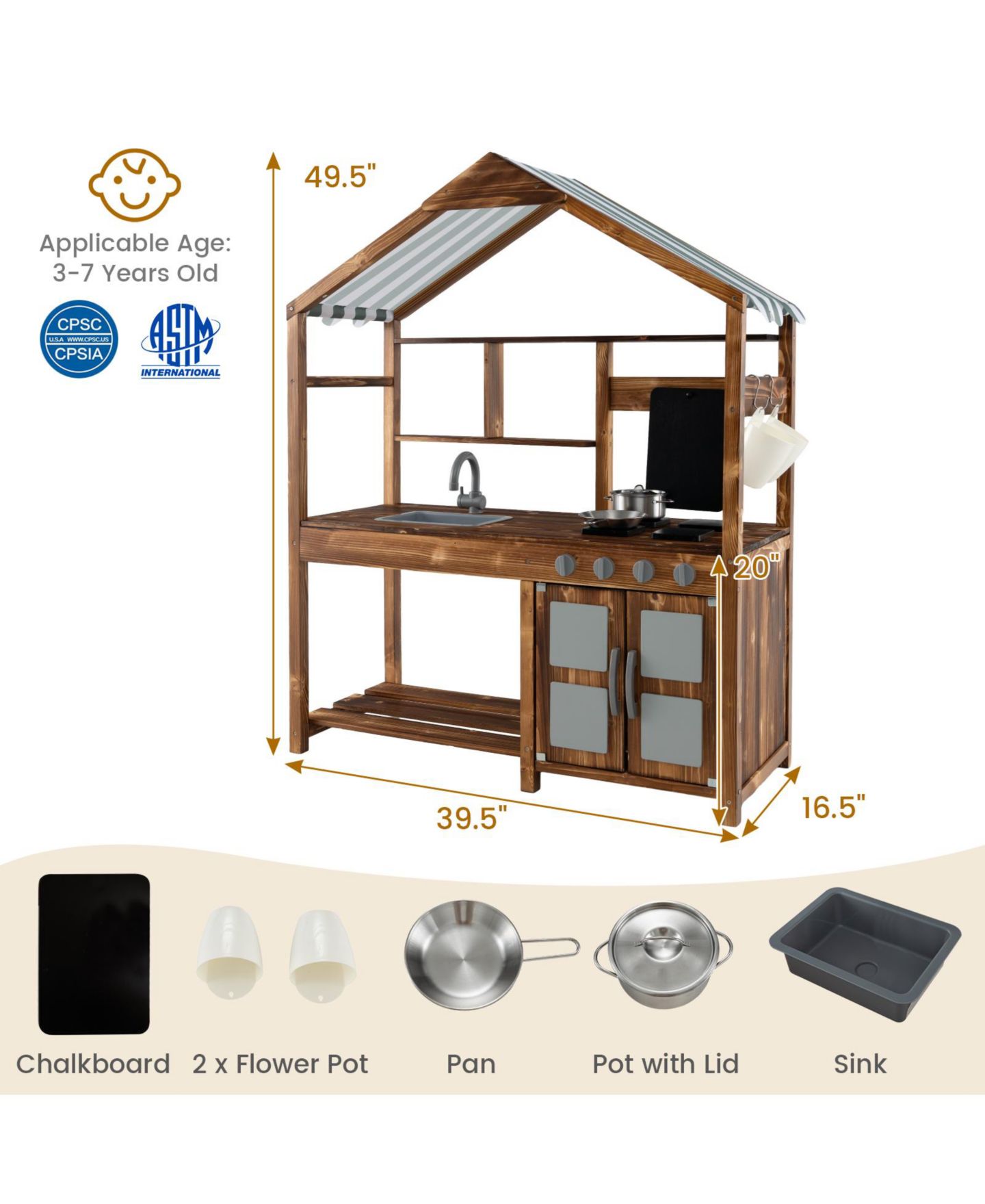 Детская игрушка Mecale Kid's Mud Kitchen Outdoor Solid Wood Mud Kitchen with Canopy, цвет: Натуральный — фото 2
