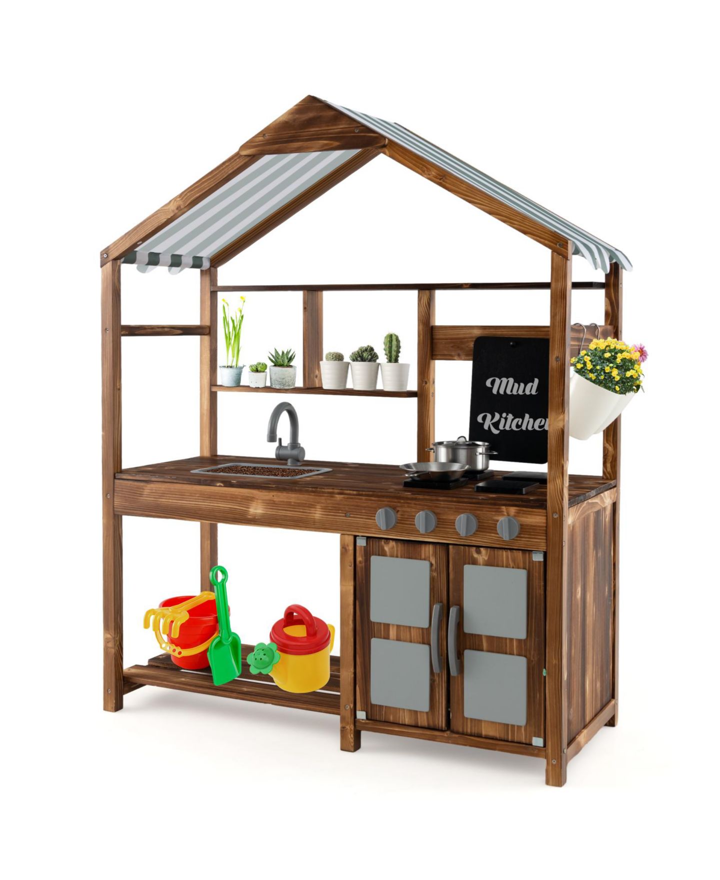 Детская игрушка Mecale Kid's Mud Kitchen Outdoor Solid Wood Mud Kitchen with Canopy, цвет: Натуральный — фото 1