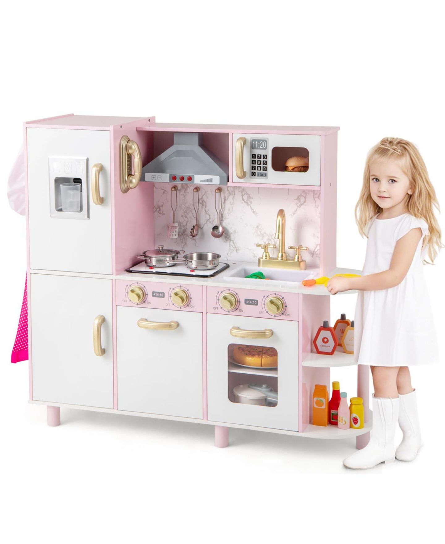 Детский игровой набор Mecale Wooden Kitchen Playset with Lights and Sounds, Ages 3+, цвет: Розовый — фото 1