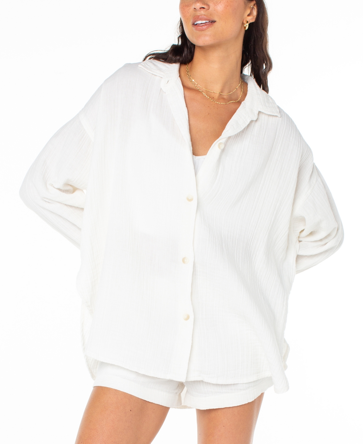 Juniors' Morning Time Cotton Gauze Shirt - Aquifer